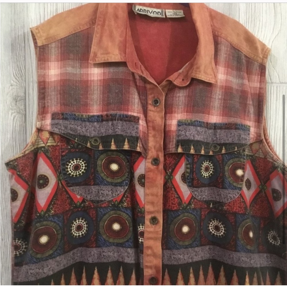 Boho PATCHWORK AZTEC SLEEVELESS BUTTON UP SLEEVELESS SHIRT 100% Cotton SZ. 18